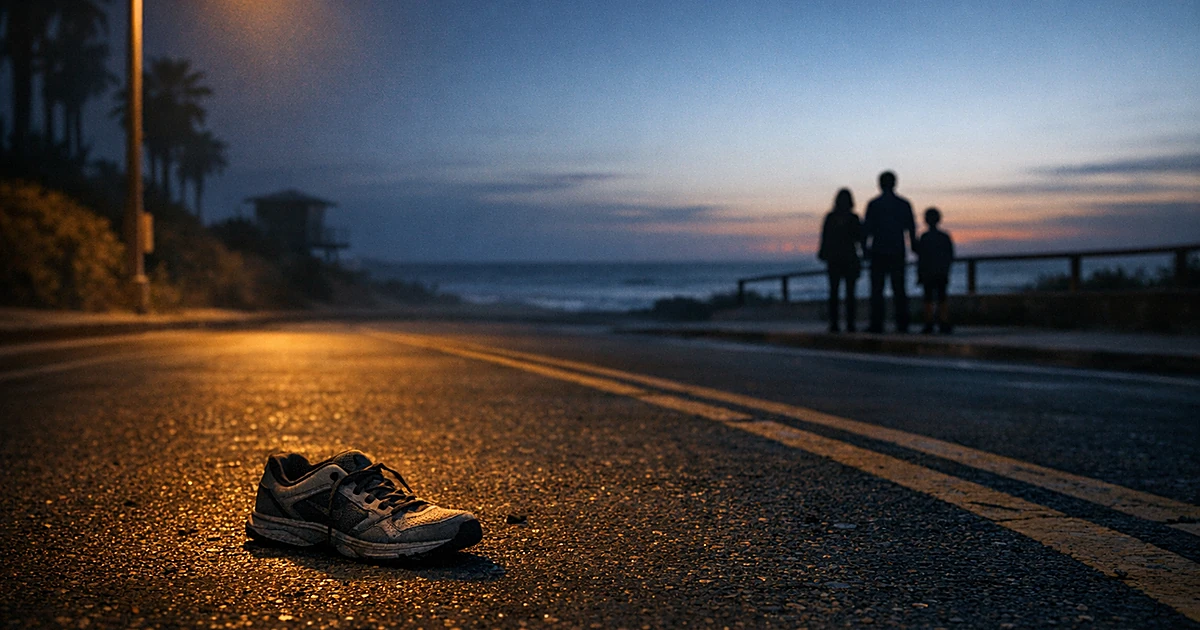 Empty coastal road at dusk with abandoned sneaker on pavement, silhouettes of three figures standing near beach