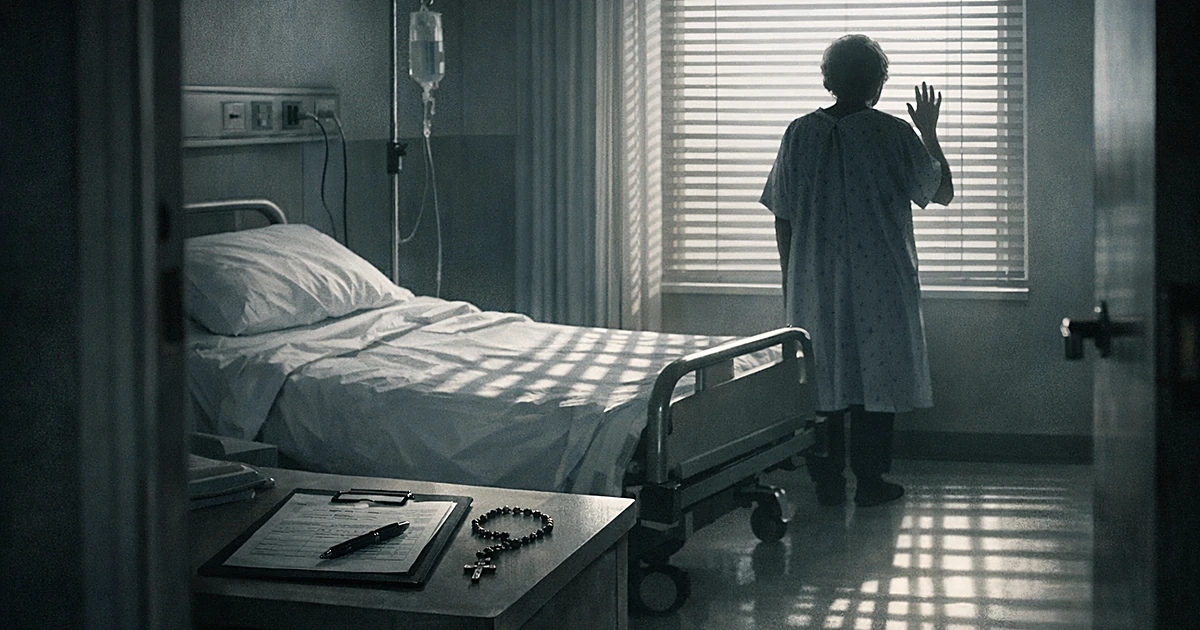 Empty hospital room with elderly silhouette at window, rosary on bedside table, casting shadows through blinds