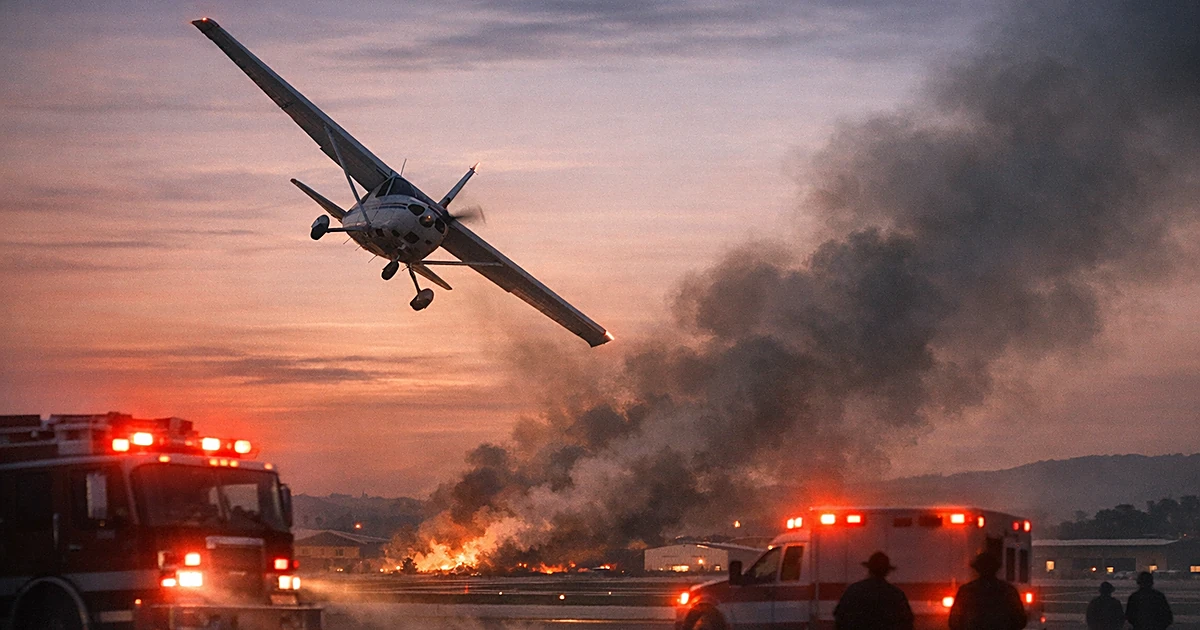 Small aircraft banking steeply with wing dipped low over airport runway as emergency vehicles respond below at dusk