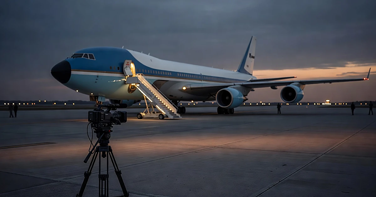 Empty TV camera on tripod facing away from presidential aircraft with extended boarding stairs on tarmac at dusk