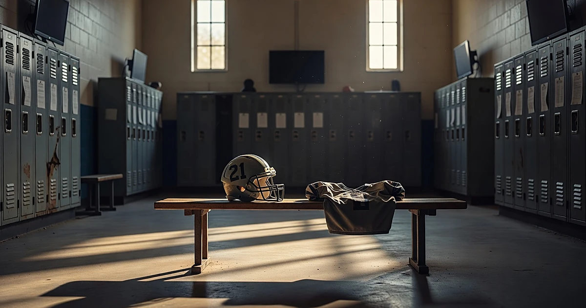 Football helmet numbered 21 and folded jersey rest on bench in empty locker room with dramatic window light