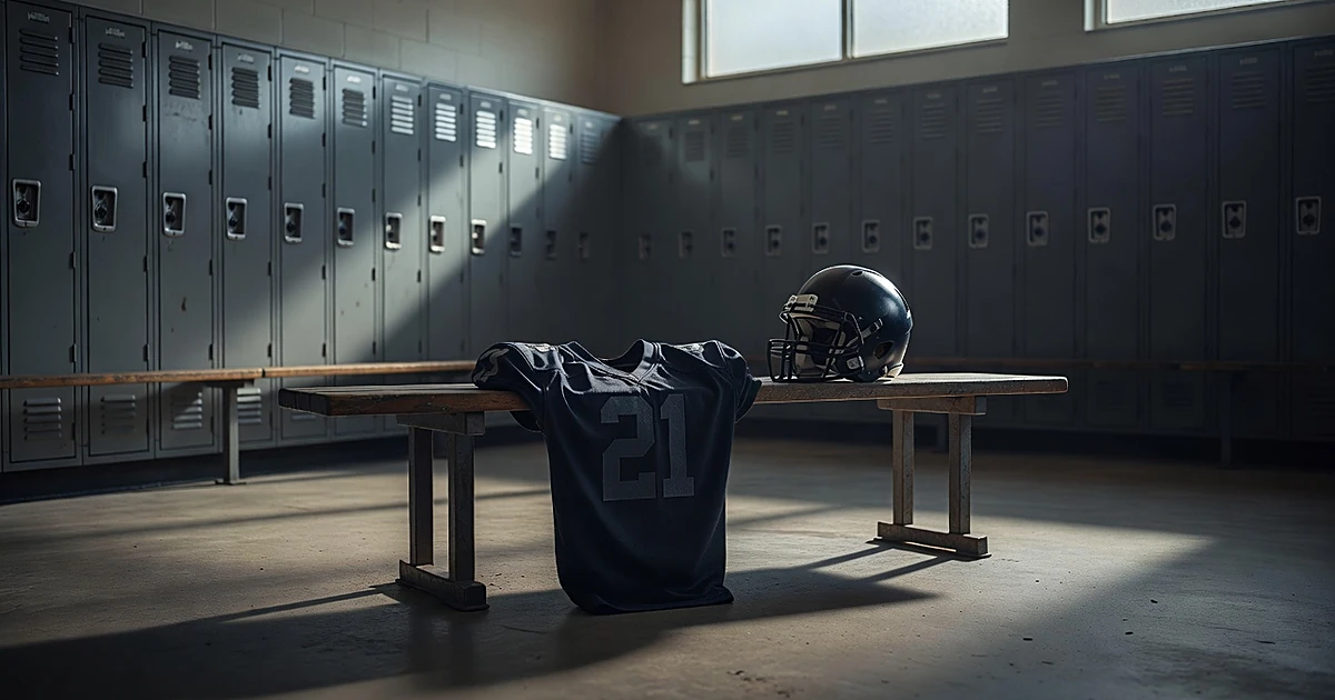 Empty football jersey number 21 and helmet on bench in quiet locker room with afternoon light streaming through windows
