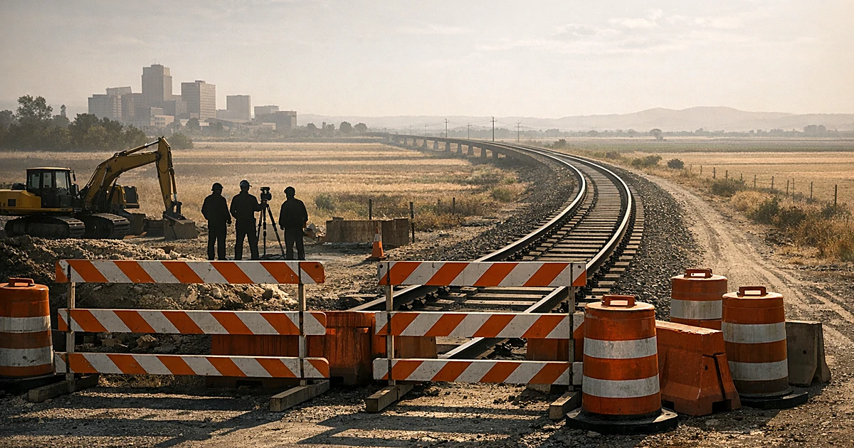 High-speed rail construction blocked by barriers in California farmland with workers as silhouettes and tracks diverging