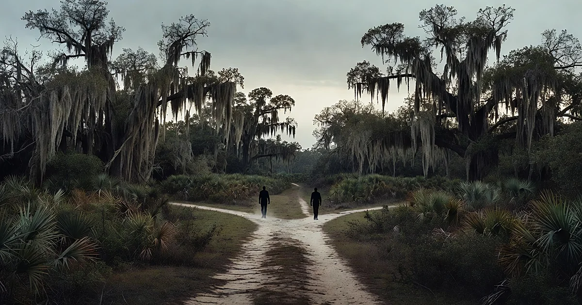Two silhouettes walk opposite directions on a nearly-split path through South Carolina palmetto landscape