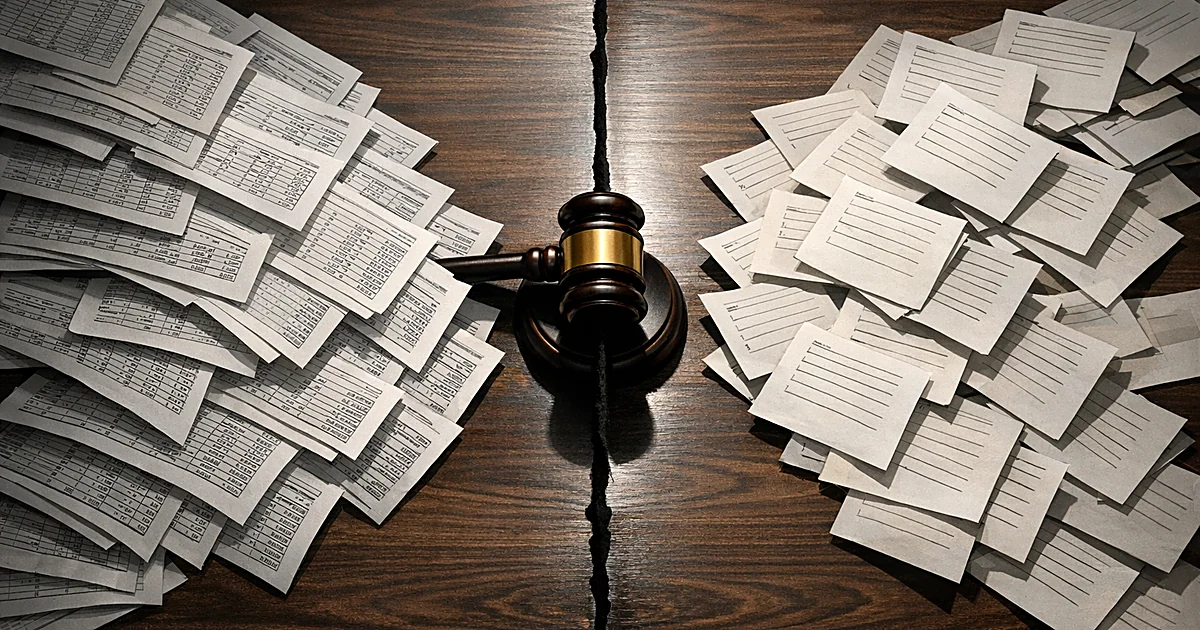 Overhead view of tax documents and address lists separated by a gavel on a desk, representing blocked data sharing