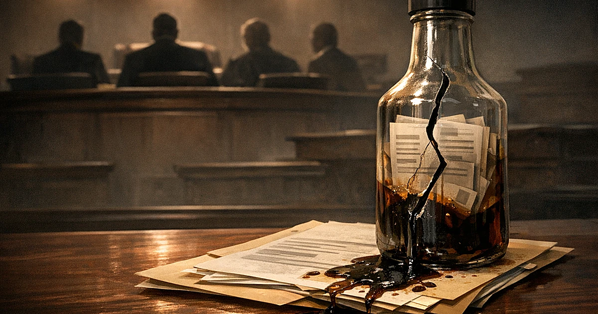 Cracked bottle leaking onto folders with silhouetted judges at bench, representing IRS data breach ruling