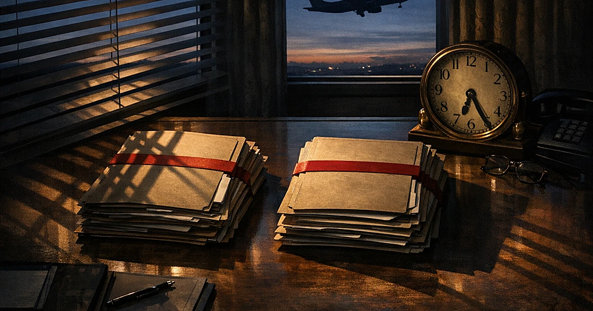 Overhead view of presidential desk with classified documents and aircraft silhouette visible through office window