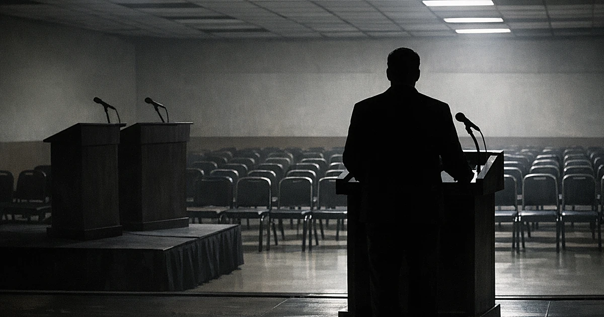 Silhouetted figure at podium facing empty chairs, with two abandoned podiums in shadows to the side