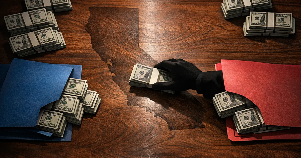 Overhead view of money being transferred from blue folder to red folder across a desk, symbolizing political donation shift