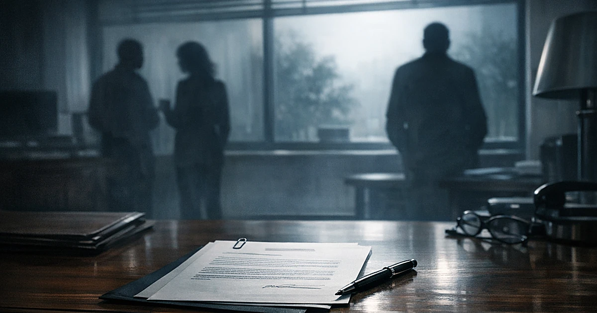 Government office desk with official documents, silhouetted figures visible through window in background