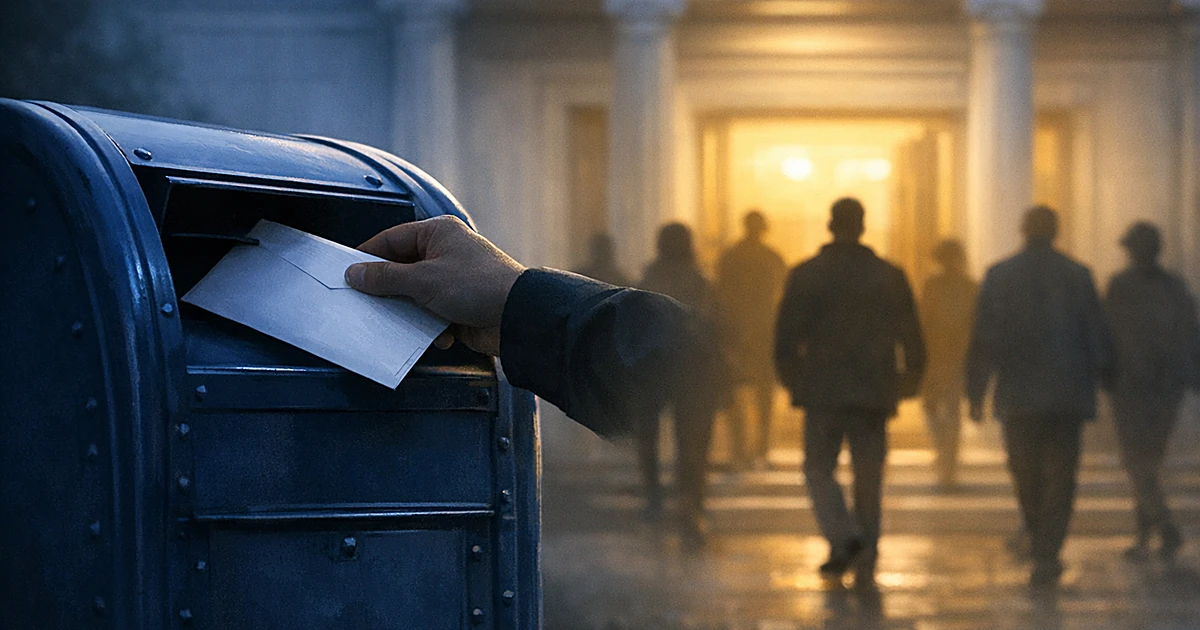Hand placing mail ballot in mailbox while silhouettes walk toward polling place entrance in background