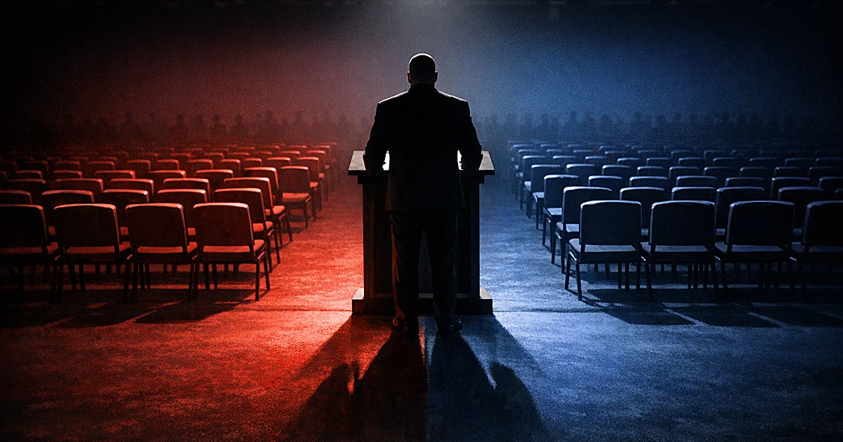 Silhouetted figure at podium between red and blue stage lights in divided convention hall