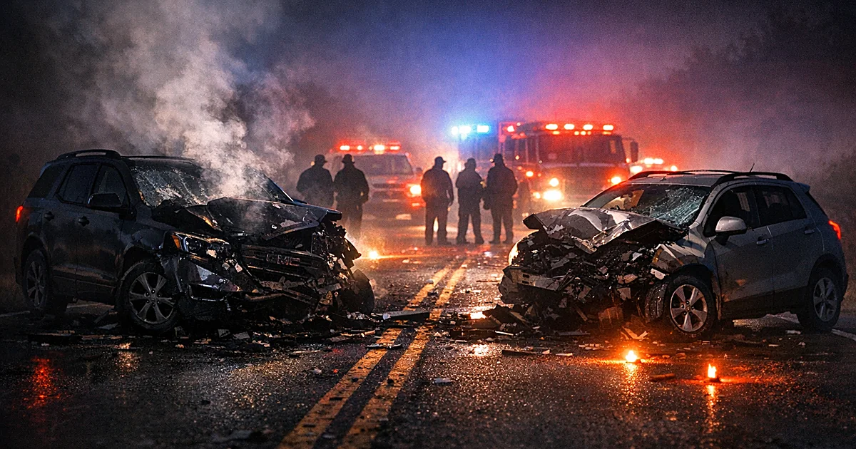 Nighttime highway crash scene with damaged vehicles and emergency lights on rural road