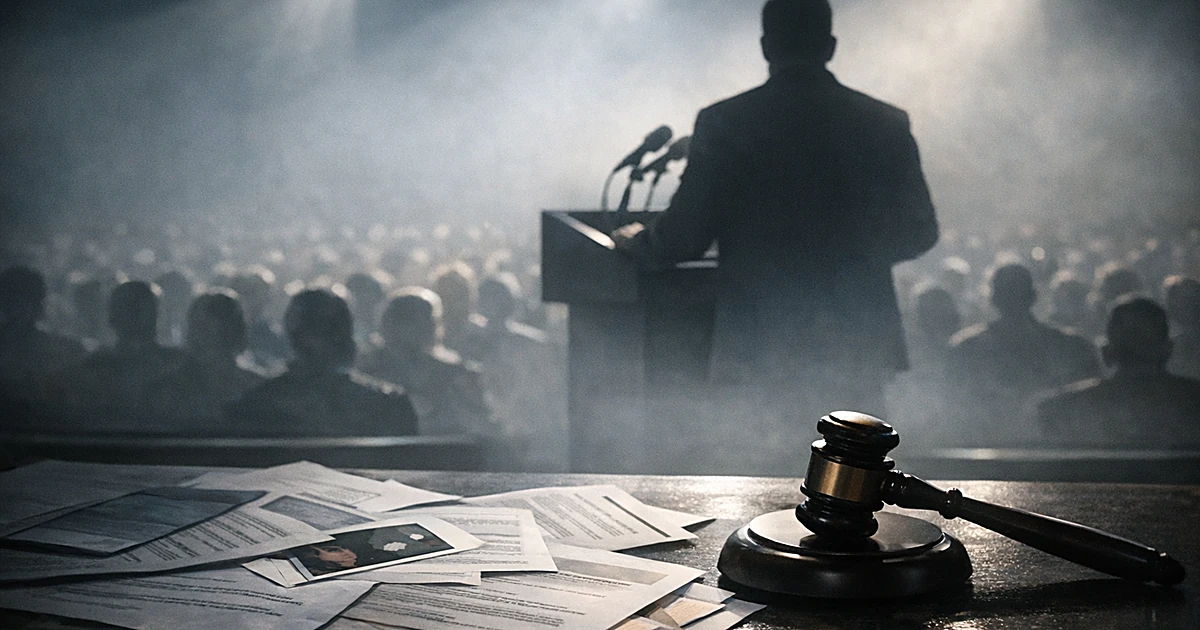 Silhouetted speaker at podium addressing audience with immigration documents and gavel in foreground