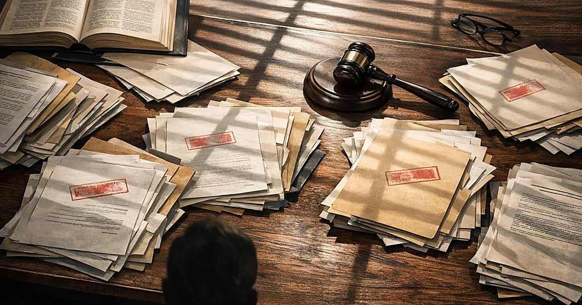 Overhead view of desk with legal documents, folders, gavel and law book with dramatic shadows from window blinds