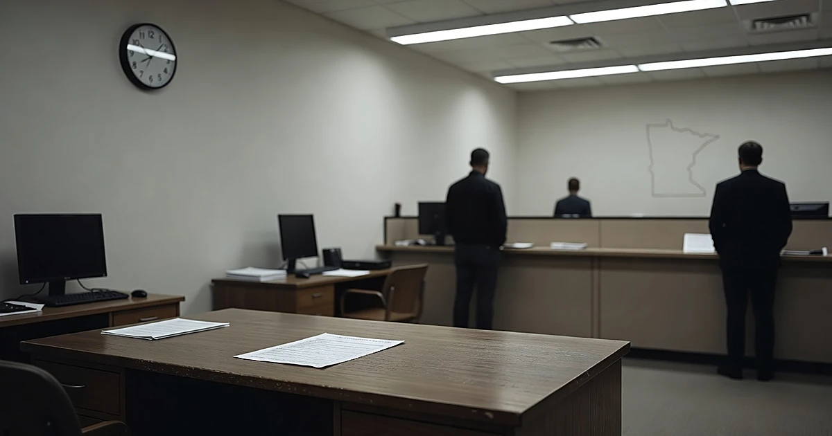 Government office with blank forms on desk, clock on wall, and silhouetted figures waiting at distant counter