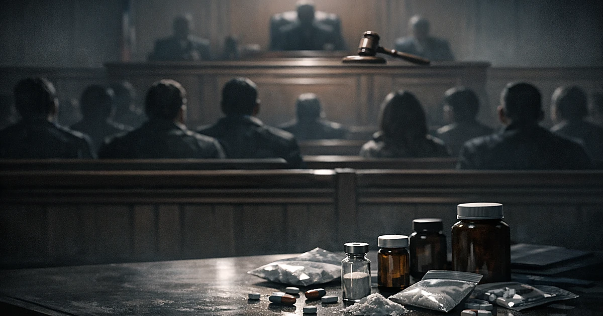 Courtroom scene with silhouetted figures and pharmaceutical evidence on table viewed from behind the gallery