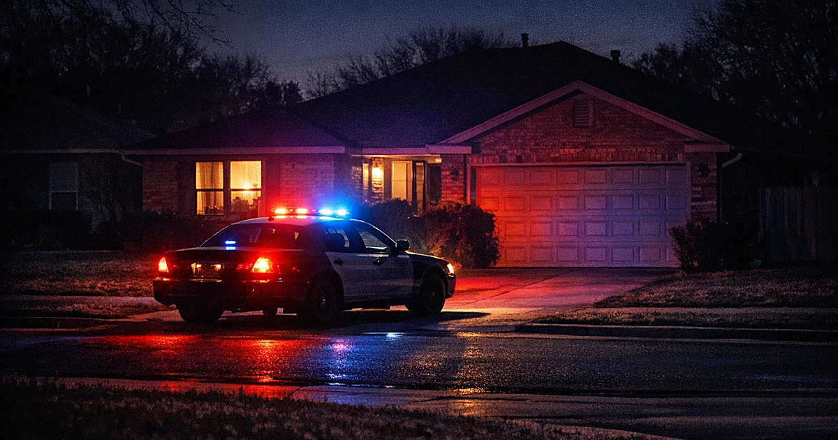 Police car with emergency lights illuminating a suburban home's exterior at night in a residential neighborhood