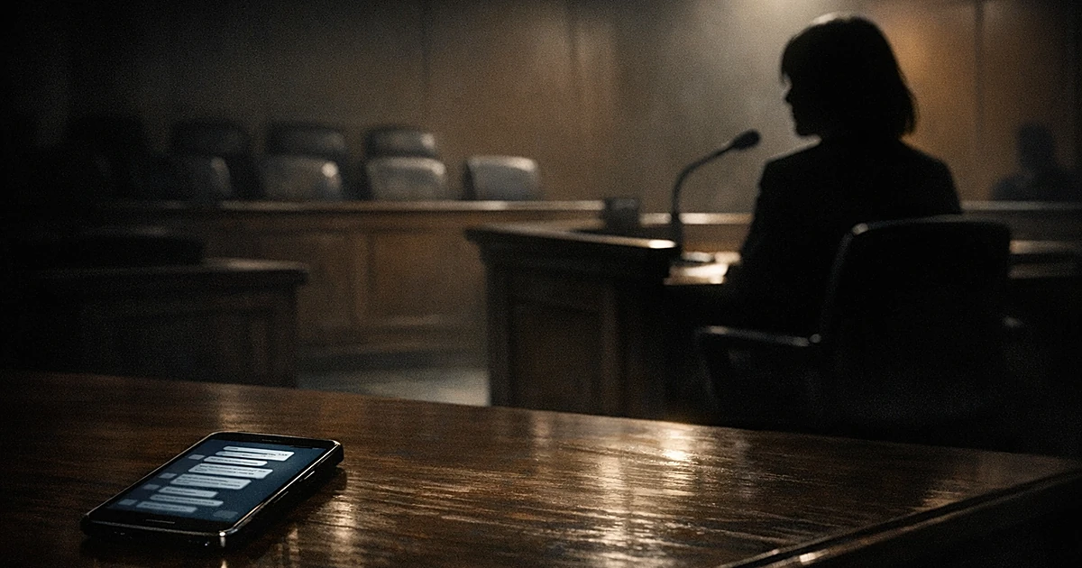 Silhouetted witness at stand in dim courtroom with illuminated smartphone showing messages on table in foreground