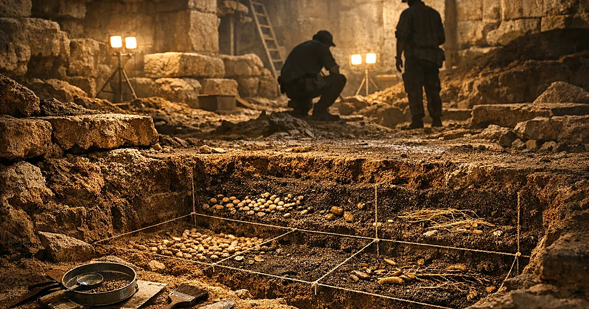 Archaeological excavation showing stratified soil layers with ancient seeds and botanical remains beneath stone foundations