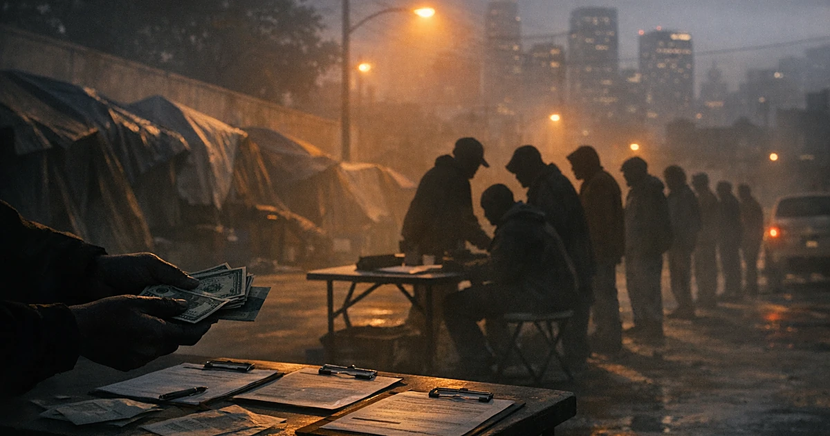 Silhouetted figures exchange money over a table with papers on a street lined with tents at dusk