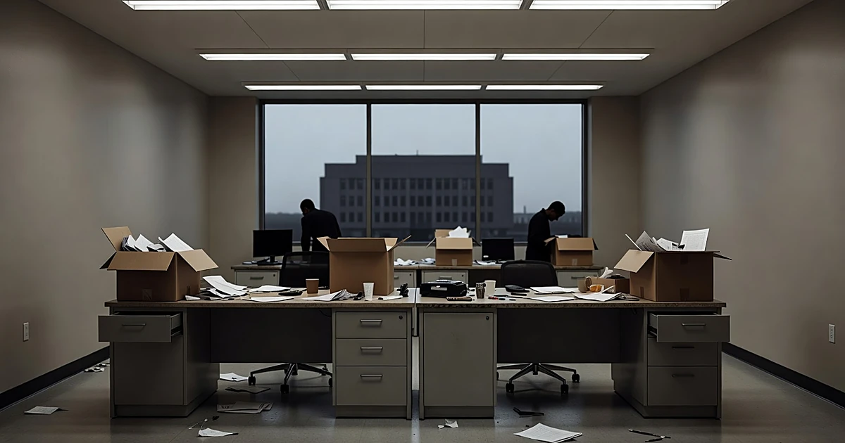 Empty office desks with moving boxes in a government building interior, suggesting personnel departure