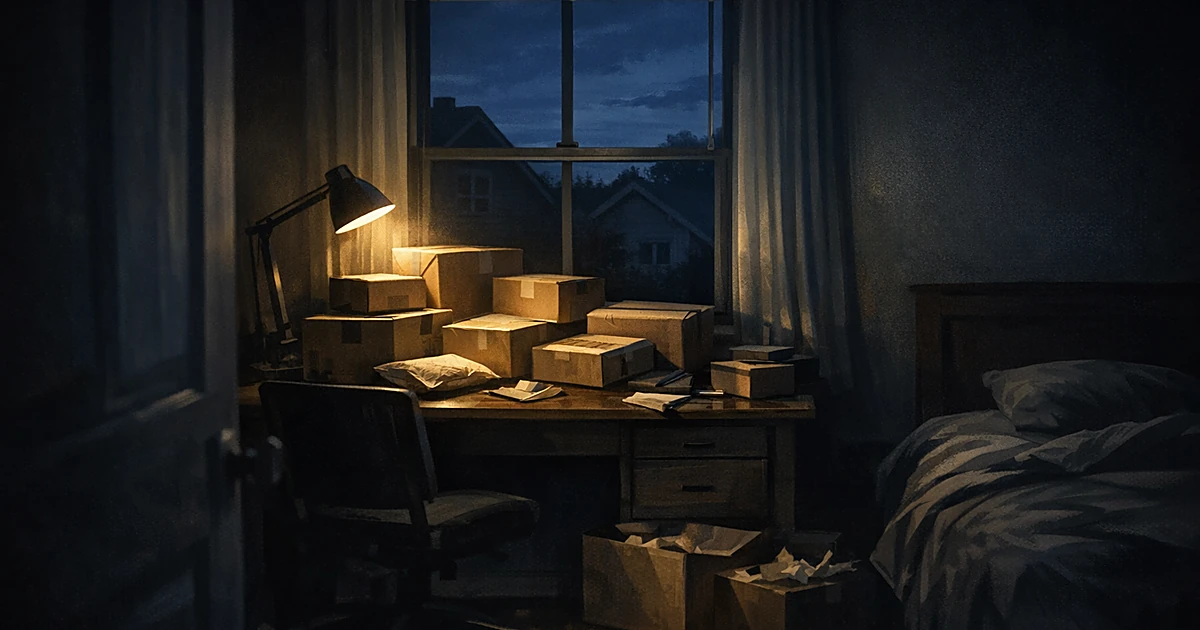 Dark bedroom with packages on desk, viewed from doorway, suggesting secretive behavior in suburban home
