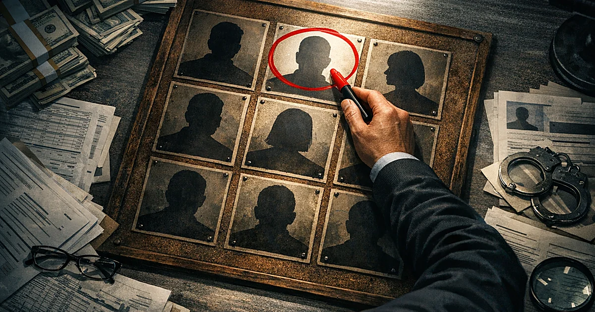 Overhead view of desk with financial documents, money, and silhouetted wanted poster frames being marked during investigation