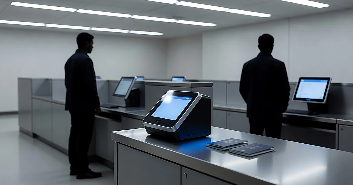 Silhouetted travelers at airport customs counter with biometric scanner and passports under fluorescent lighting