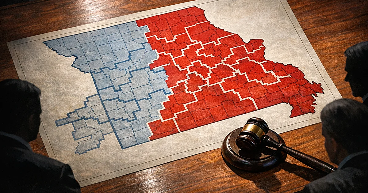 Overhead view of Missouri map with competing district boundaries and gavel on wooden table