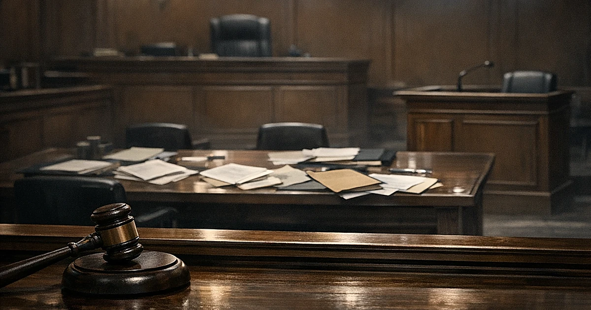 Empty courtroom with judge's bench in foreground, scattered legal documents on counsel tables, and vacant witness stand