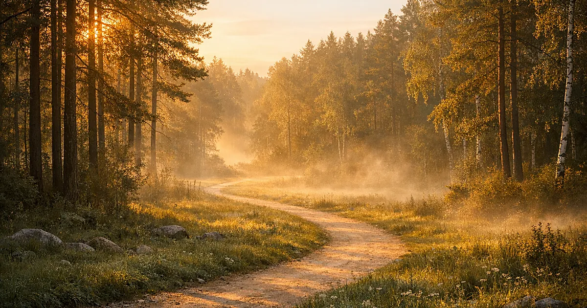 Peaceful forest path with golden sunlight filtering through trees and gentle morning mist