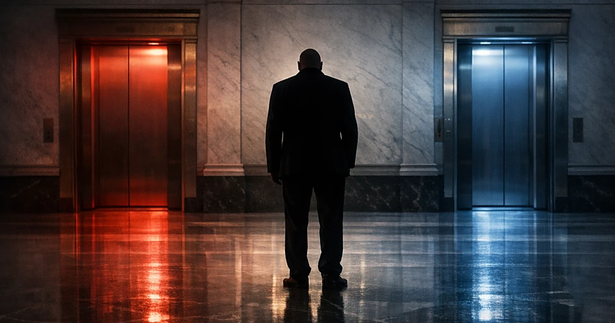 Silhouetted figure stands between two elevator banks glowing with red and blue light in marble hallway