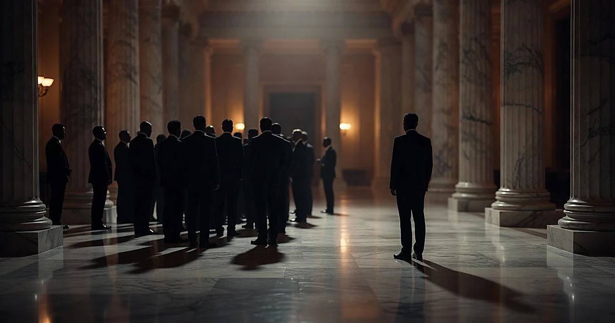 One silhouetted figure stands alone, separated from a group of silhouettes in a columned legislative chamber