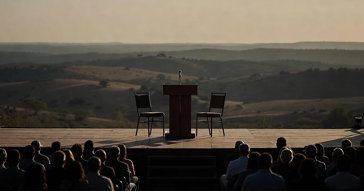 Empty interview stage with podium and chairs at outdoor festival venue, viewed from behind silhouetted audience