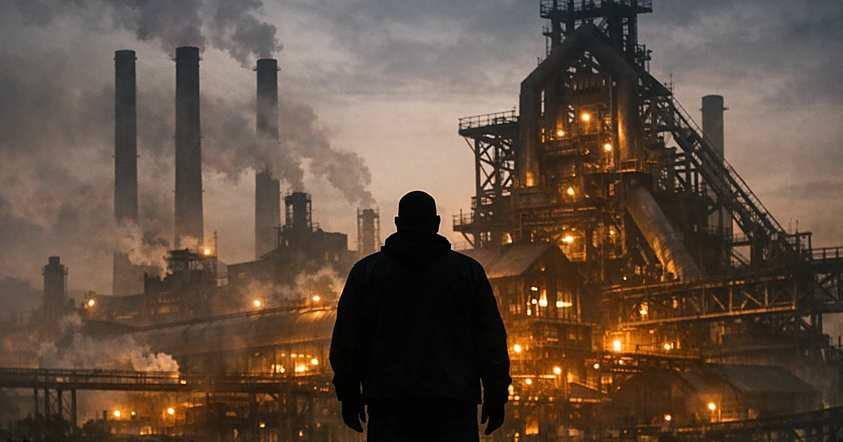 Silhouetted figure stands before large steel mill with smokestacks and industrial structures at dusk