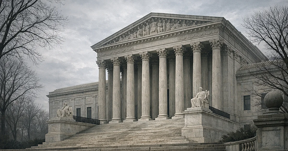 Abstract courthouse building with columns under gray sky representing justice system