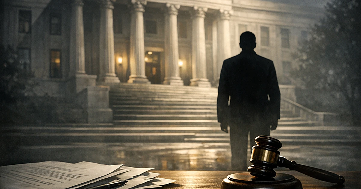 Silhouetted figure facing courthouse with legal documents and gavel in foreground under dramatic lighting