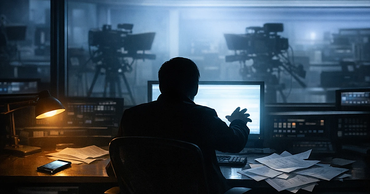 Silhouette at desk in TV control room reaching toward glowing screen with phone nearby and empty studio beyond