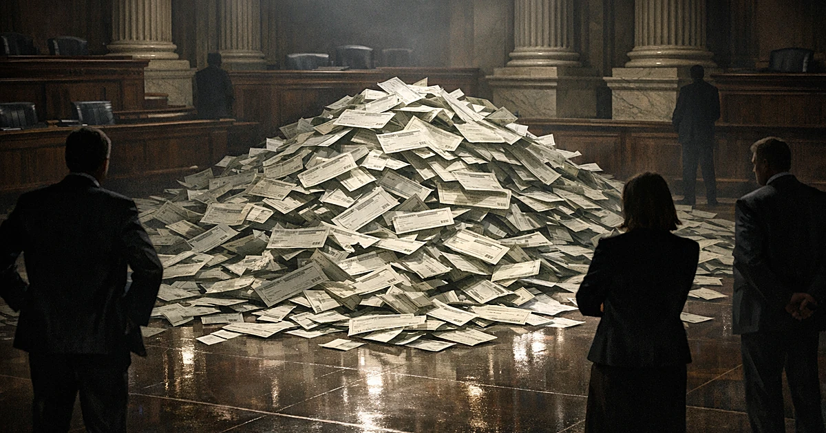 Giant checks marked $5,000 scattered across legislative floor with distant silhouetted figures standing around perimeter