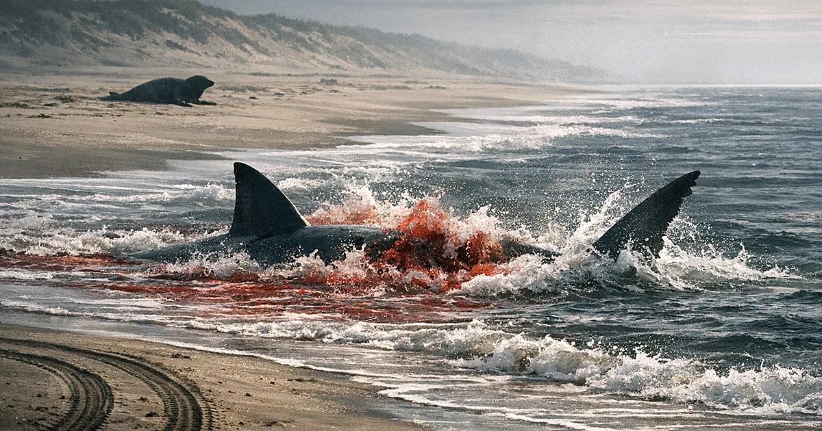 Great white shark fin visible in shallow bloody water near beach with seal silhouette on sand in background