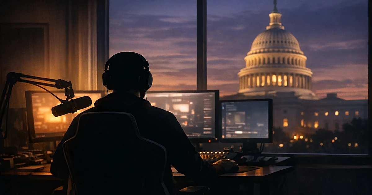 Silhouette of person at streaming desk with monitors, capitol dome visible through window in background