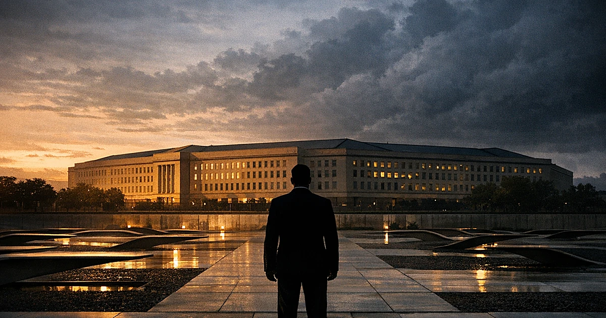 Silhouetted figure facing angular government building at memorial site during dramatic sunset with gathering clouds