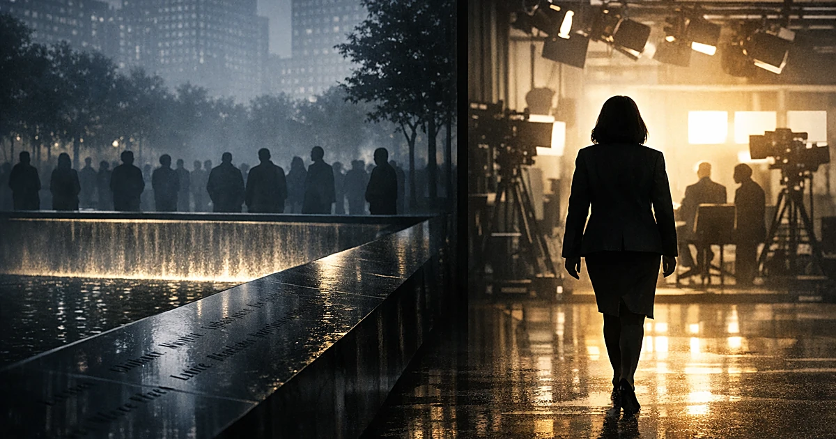 Figure walking from memorial pool toward television studio lights while others remain at ceremony