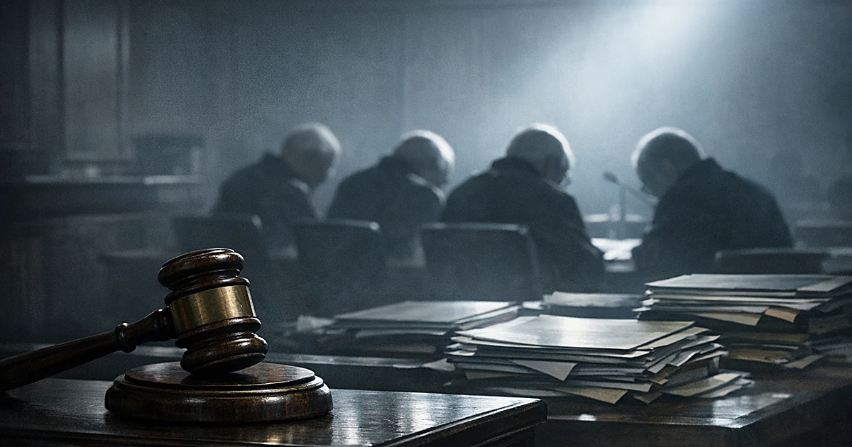 Gavel on judicial bench with silhouettes of elderly defendants seated at table surrounded by legal documents