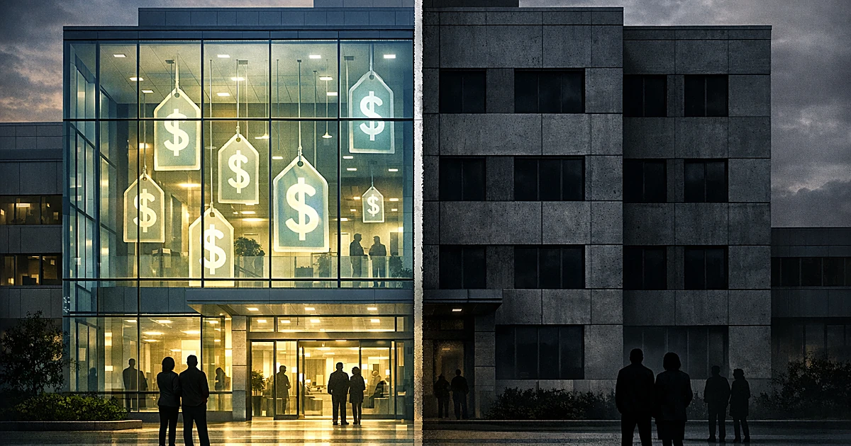 Hospital building split in half, one side transparent showing prices inside, other side opaque with darkened windows