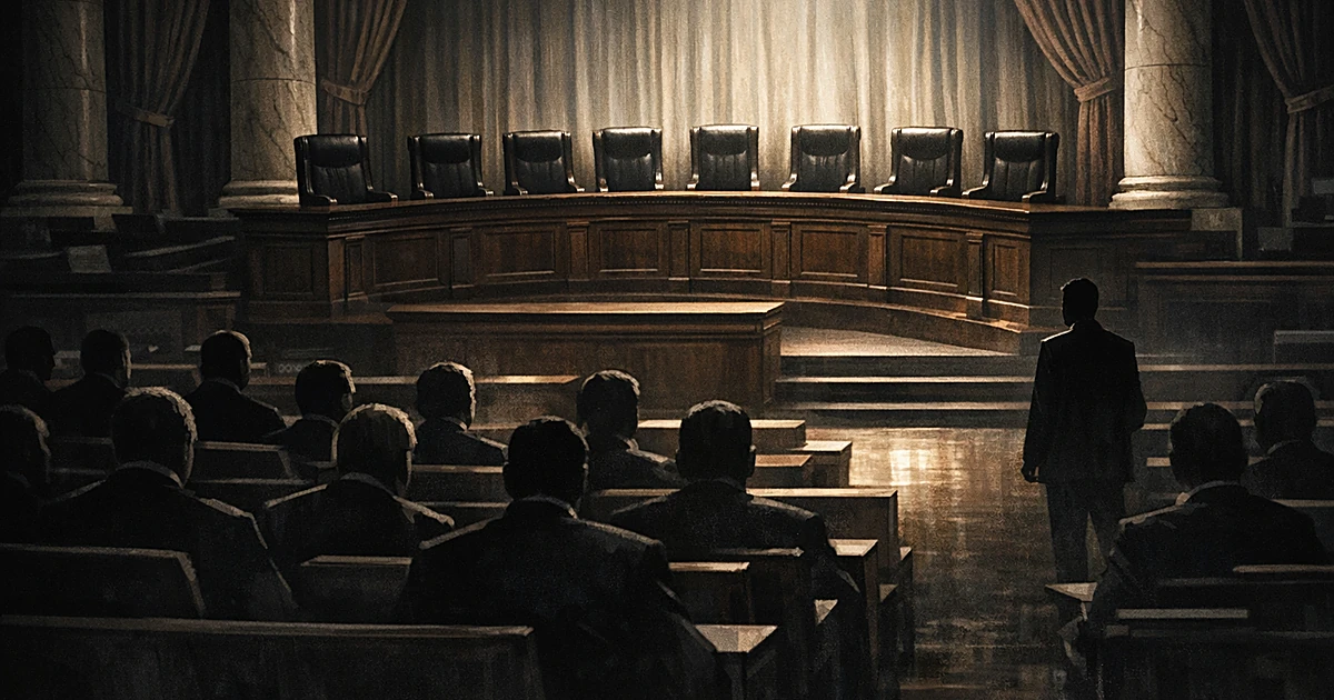 Overhead view of nine empty judicial chairs with silhouetted legislators shown from behind in a darkened chamber