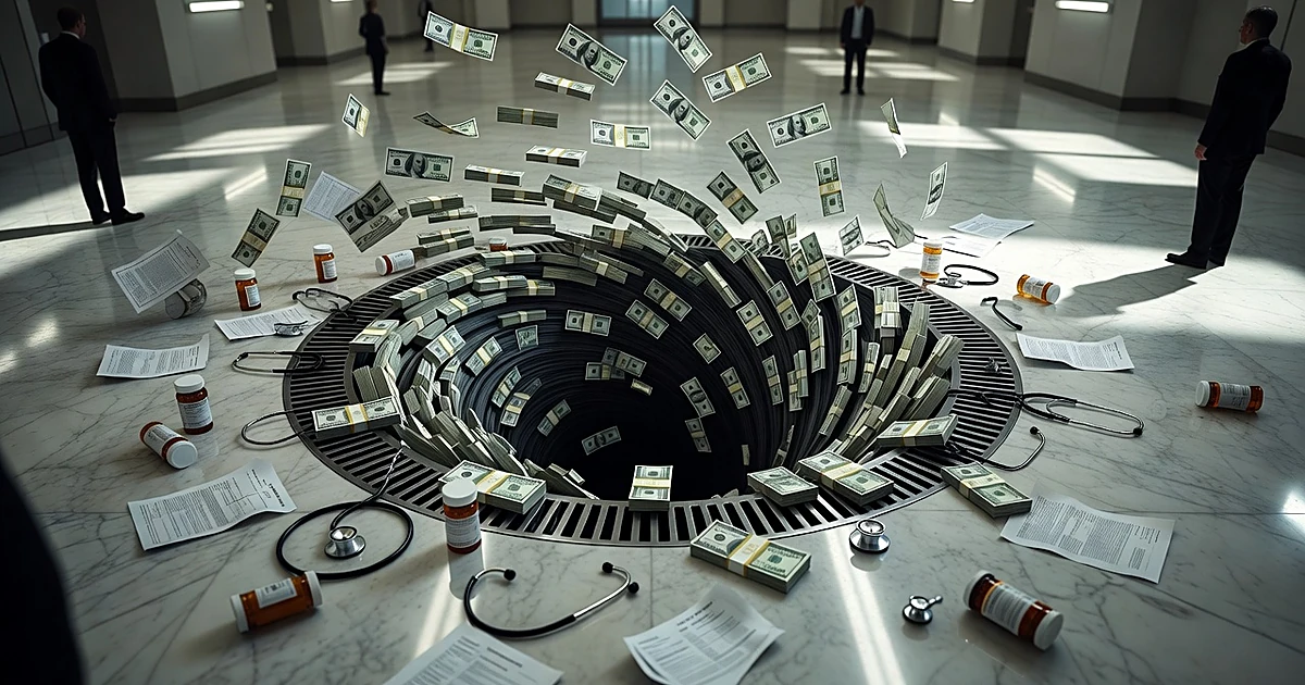 Money and medical supplies swirling down a large drain on a government building floor
