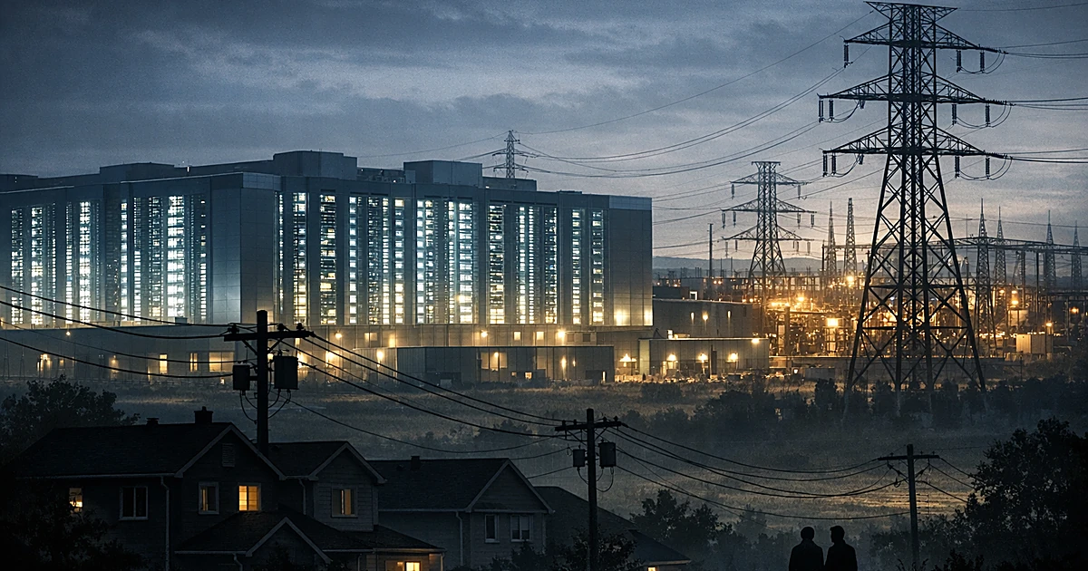 Data center connected to power grid infrastructure towers over small residential houses in shadow below