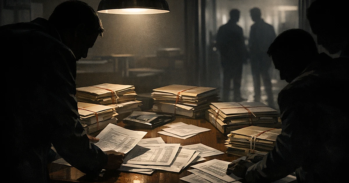 Silhouetted figures examining documents and phone records on table in dark government office with dramatic lighting